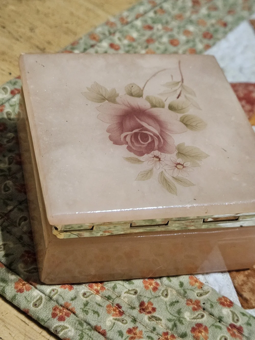 Vintage, Hand-carved Italian Alabaster Trinket Box featuring a Painted Pink Rose
